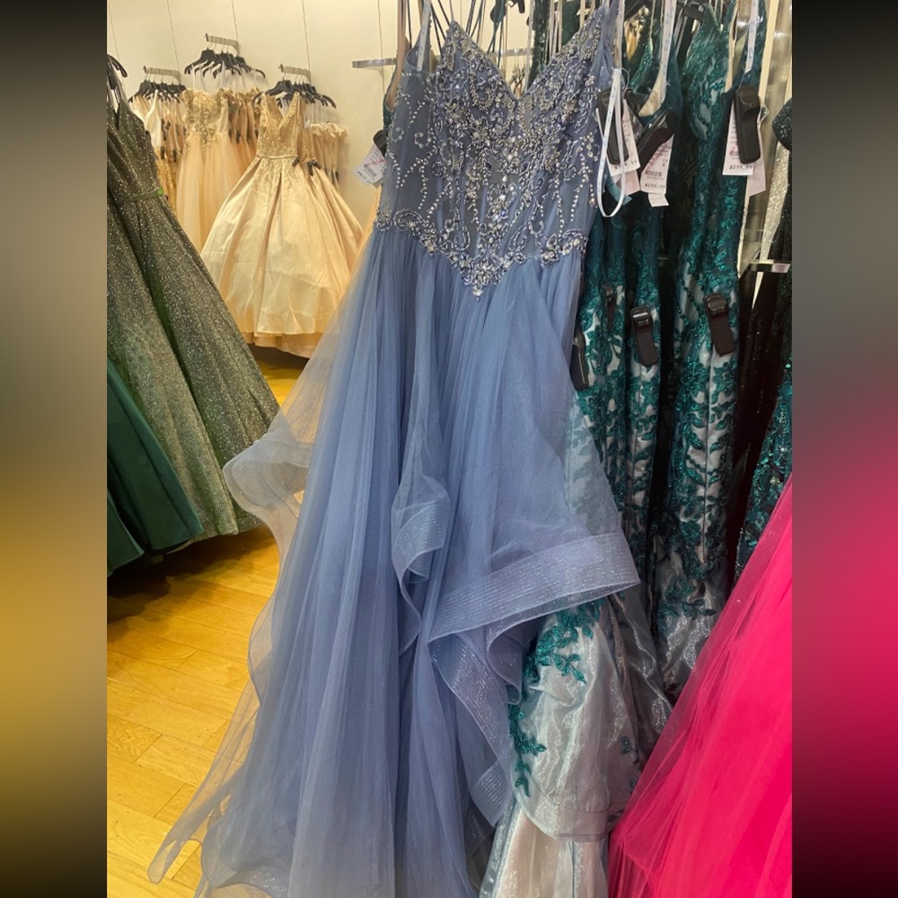 Slate Blue Camille La Vie Long Prom Dress With Jewels and Ruffles